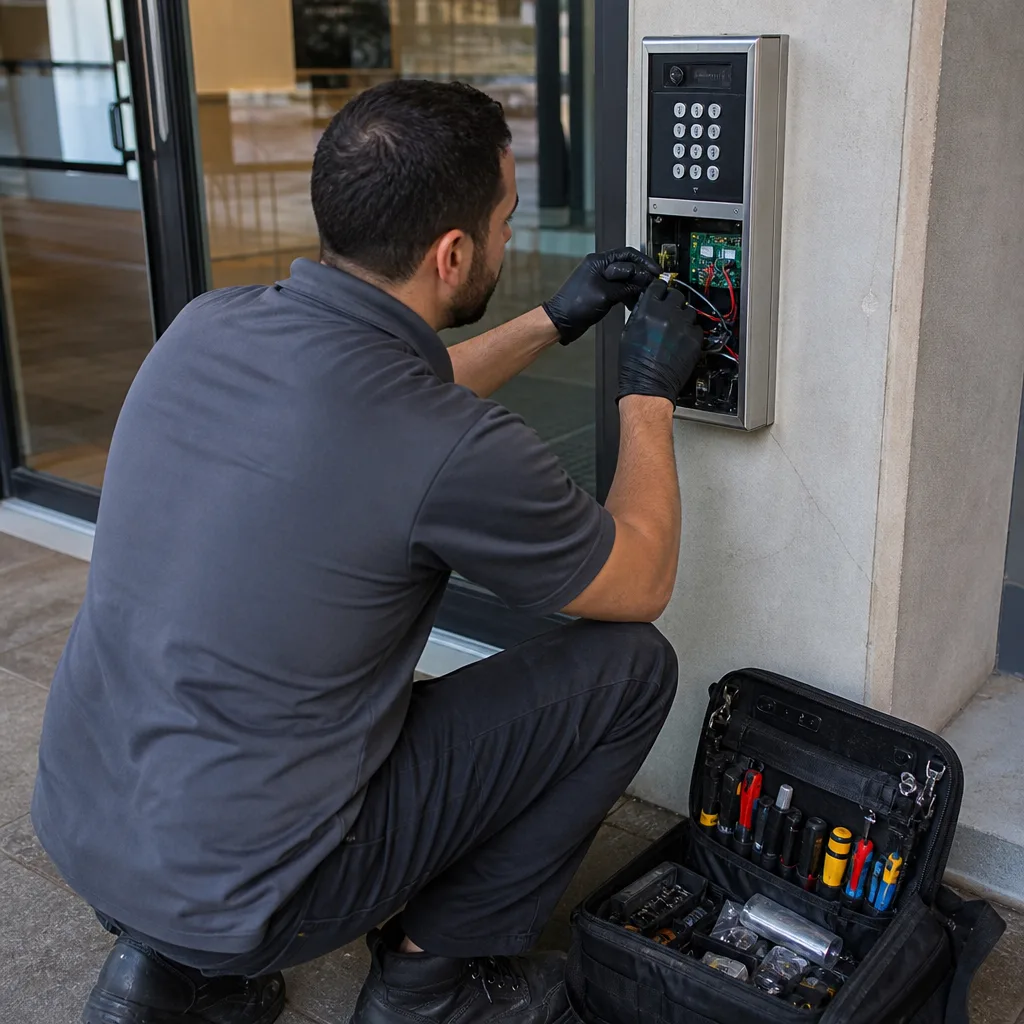 Technician performing professional maintenance on an electronic access control system