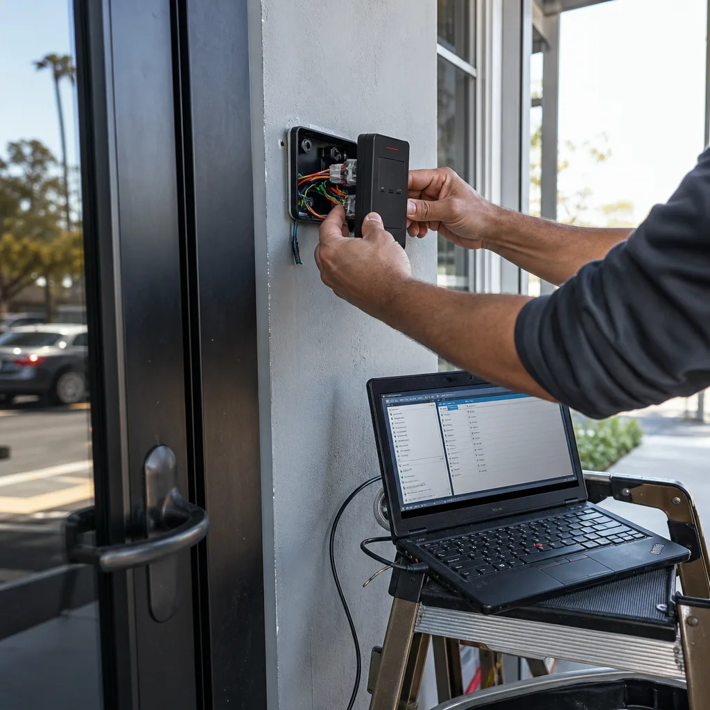 Technician installing and configuring an electronic access control system on a door
