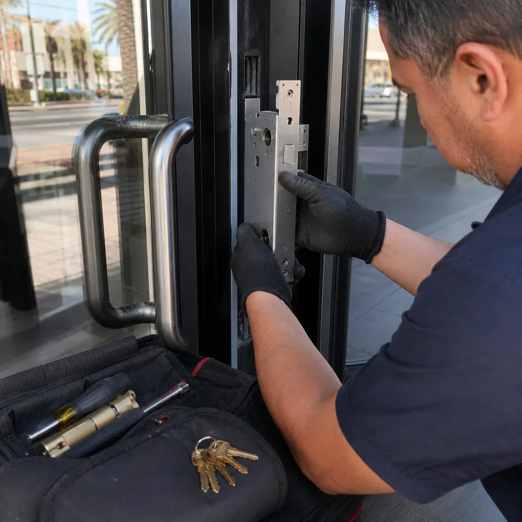 Professional commercial locksmith installing a door lock mechanism into a frame