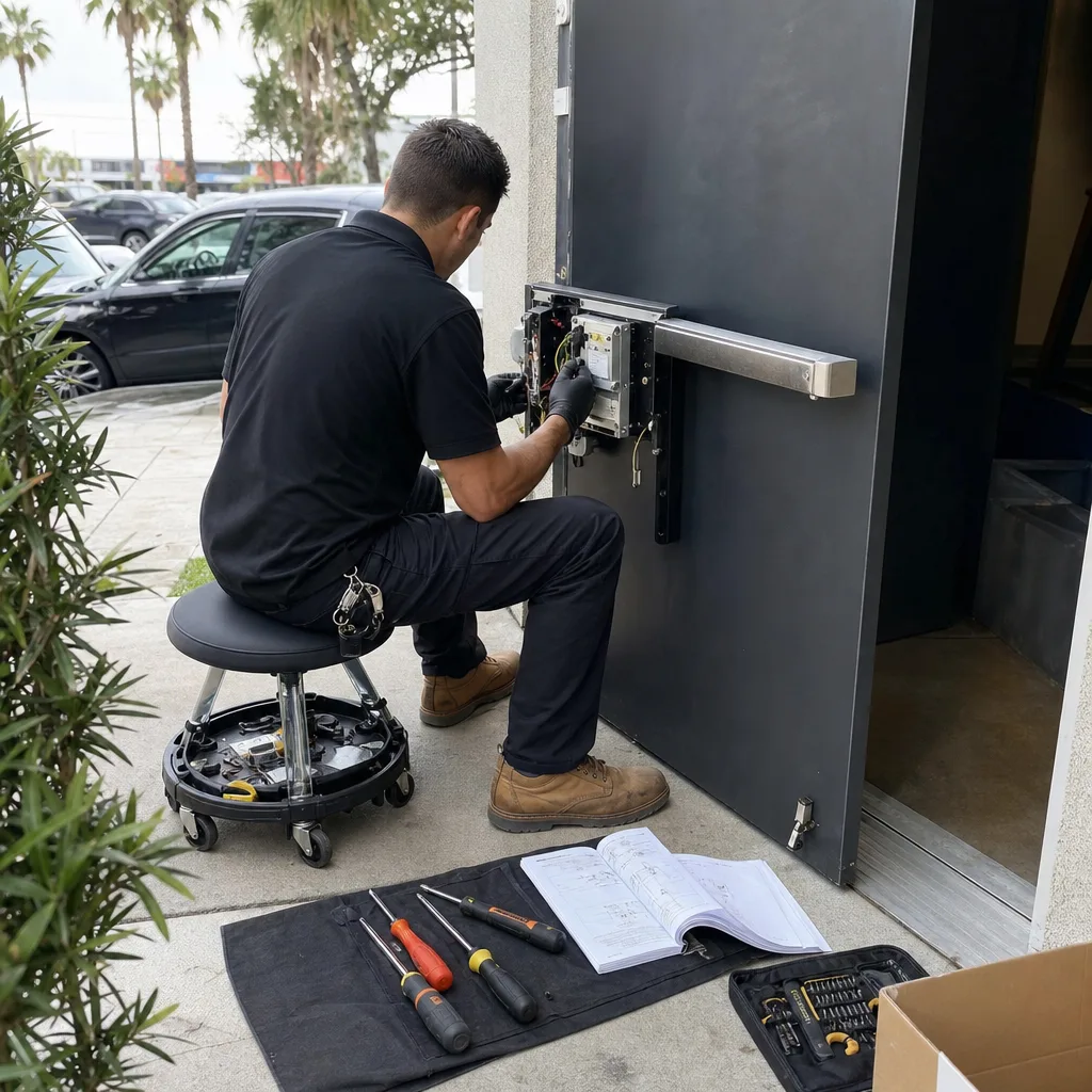 Professional locksmith installing electronic commercial door hardware
