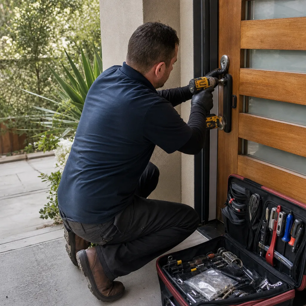 Professional locksmith installing a new door lock on a home entrance